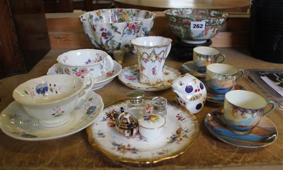 Chintz bowl, 3 Worcester cups & saucers, Chinese bown on staqnd, etc